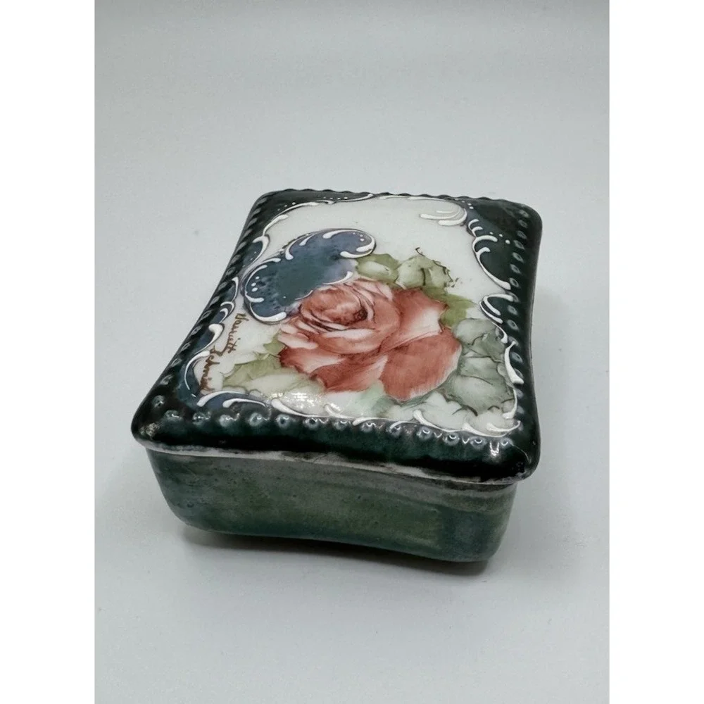 Vintage Porcelain Hand Painted Dresser Vanity Trinket Box Signed Blue Floral